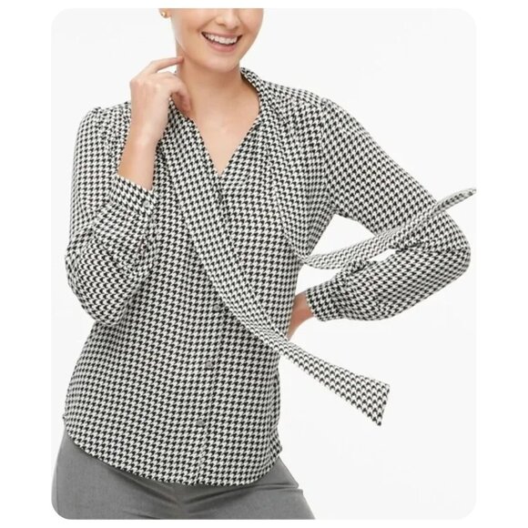 J. Crew Tops - J. Crew Black White Houndstooth Long Sleeve Tie-Neck Button Down Blouse sz S